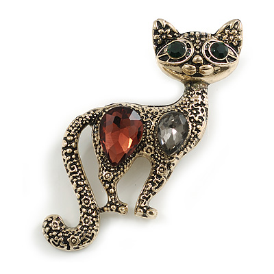 Vintage Inspired Textured Crystal Cat Brooch In Aged Gold Tone Metal - 55mm Tall