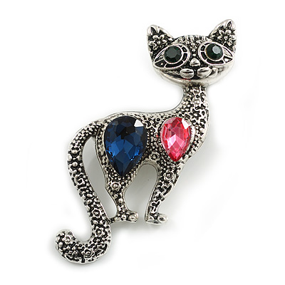 Vintage Inspired Textured Pink/Blue/Green Crystal Cat Brooch In Aged Silver Tone Metal - 55mm Tall - main view