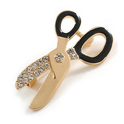 Gold Tone Crystal Enamel Scissors Brooch - 40mm Across - main view