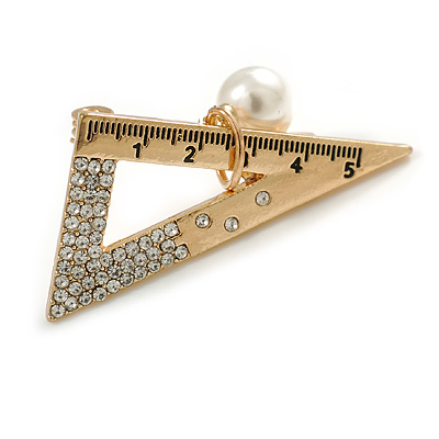 Gold Tone Clear Crystal with Dangling Pearl Bead Triangular Ruler Brooch - 35mm Across - main view