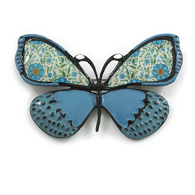 Blue/Cream Enamel Butterfly Brooch in Black Tone - 65mm Across - main view