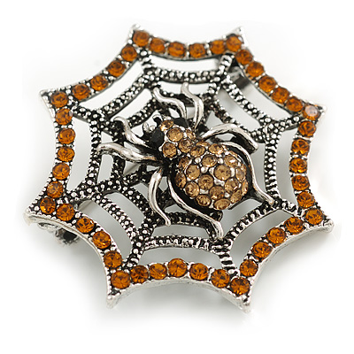 Vintage Inspired Amber Crystal Spider and Web Brooch in Aged Silver Tone - 40mm Diameter - main view