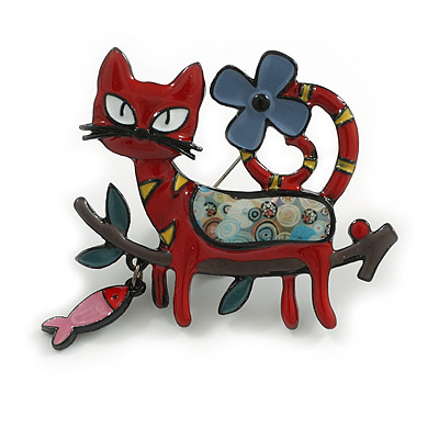 Red Enamel Cat and Fish Brooch in Black Tone - 50mm Across - main view