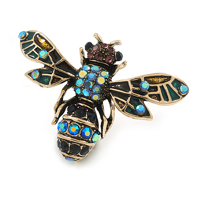 Vintage Inspired Crystal Bee Brooch in Aged Gold Tone - 40mm Across - main view