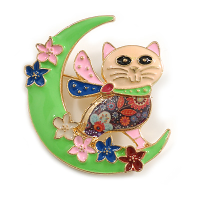 Multicoloured Enamel Cat on The Moon Brooch in Gold Tone Metal - 50mm Wide - main view