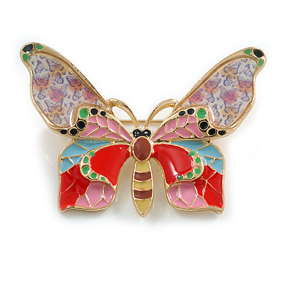 Multicoloured Enamel Butterfly Brooch in Gold Tone - 50mm Across - main view