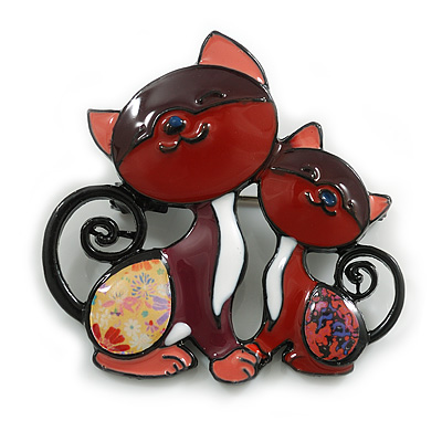 Multicoloured Enamel Two Cats Brooch in Black Tone - 45mm Across - main view