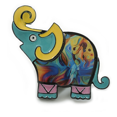 Multicoloured Enamel Elephant Brooch in Black Tone - 45mm Across - main view