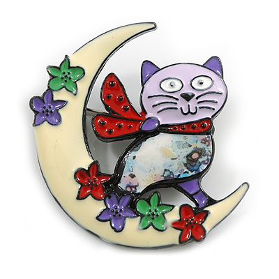 Multicoloured Enamel Cat on The Moon Brooch in Black Tone Metal - 50mm Wide
