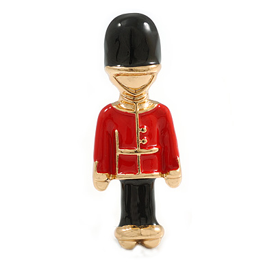 Black/Red Enamel Queen's Royal Guard Soldier Brooch in Gold Tone - 50mm Tall - main view