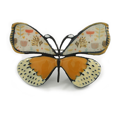 Yellow/Cream Enamel Butterfly Brooch in Black Tone - 65mm Across - main view