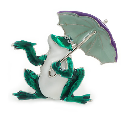Funky Frog with Umbrella Enamel Brooch in Silver Tone (Green/White/Purple) - 40mm Tall - main view