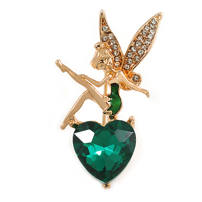 Small Crystal Fairy On The Green Glass Heart Brooch in Gold Tone - 35mm Tall