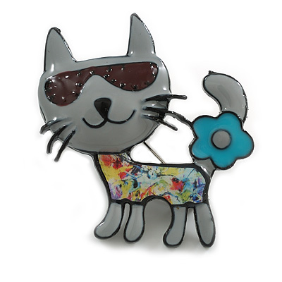 Light Grey Enamel Cat in The Glasses Brooch in Black Tone - 45mm Tall - main view