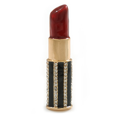 Statement Crystal Enamel Lipstick Brooch in Gold Tone - 65mm Tall - main view