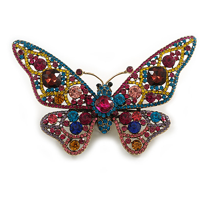 55g/ Large Multicoloured Crystal Butterfly Brooch in Gold Tone - 12cm Across - main view