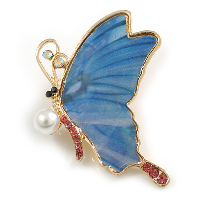 Crystal Pearl Butterfly Brooch in Gold Tone/ Light Blue - 55mm Tall - main view
