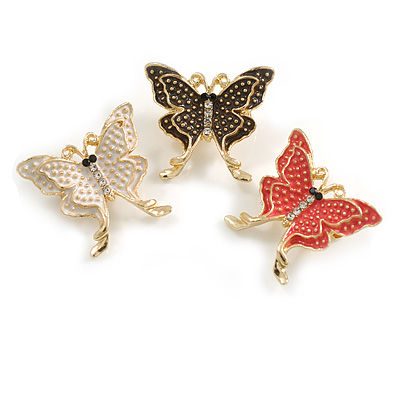 3Pcs White/Pink/Black Enamel Butterfly Brooch Set in Gold Tone - main view