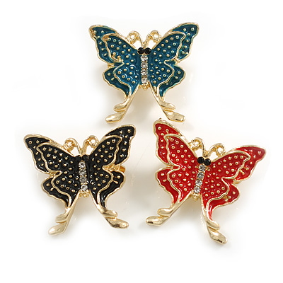 3Pcs Red/Teal/Black Enamel Butterfly Brooch Set in Gold Tone - main view