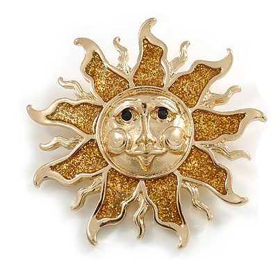 Glittering Gold Tone Sun Brooch - 45mm Diameter