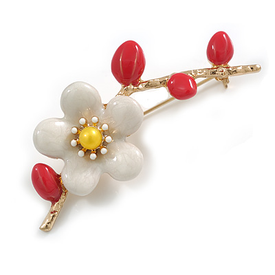 White/Red/Yellow Enamel Magnolia Floral Brooch in Gold Tone - 60mm Long - main view