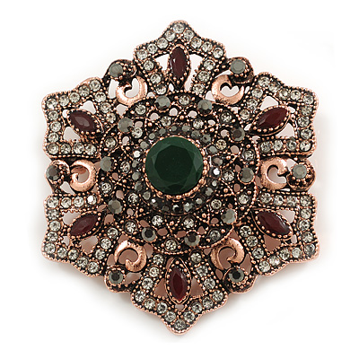 Vintage Inspired Turkish Style Crystal Flower Brooch/Pendant in Copper Tone in Green/Red/Hematite/Clear - 55mm Diameter - main view
