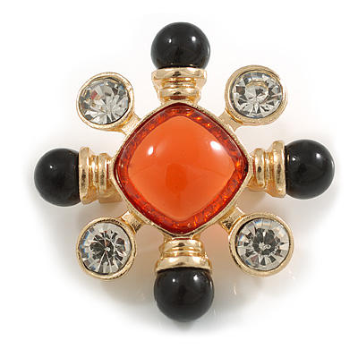 Vintage Style Crystal/ Glass/ Resin Beaded Cross Brooch in Gold Tone (Red/Black/Clear) - 50mm Tall - main view