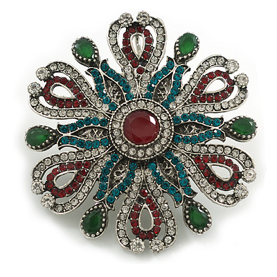Vintage Inspired Turkish Style Crystal Flower Brooch/Pendant in Aged Silver Tone in Green/Red/Teal - 55mm Diameter