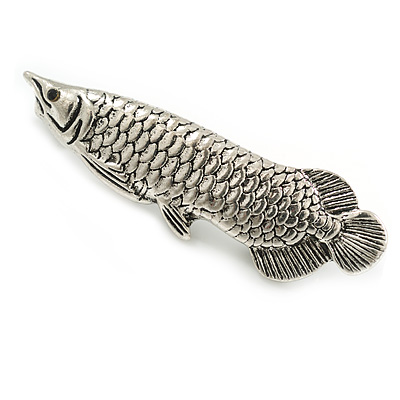 Vintage Inspired Pike Fish Brooch in Aged Silver Tone - 55mm Long - main view