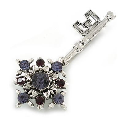 Vintage Inspired Crystal Key Brooch in Silver Tone - 65mm Long - main view