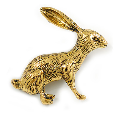 Vintage Inspired Etched Hare/Rabbit Brooch In Aged Gold Tone - 55mm Across - main view