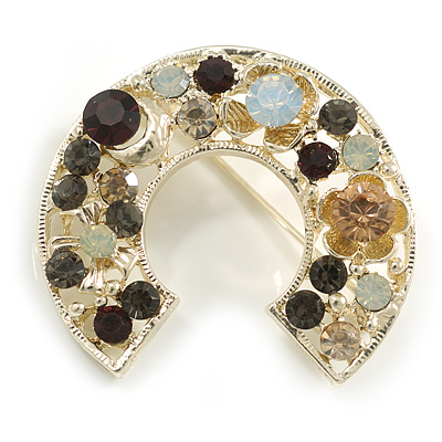 Crystal C Shape/ Horseshoe Brooch in Gold Tone - 40mm Across - main view