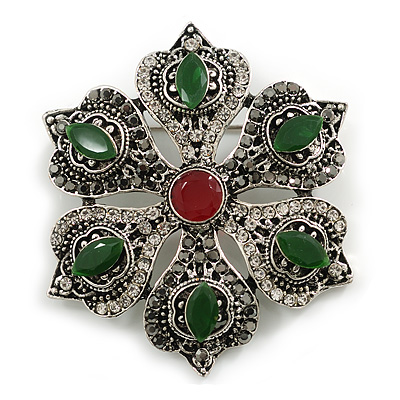 Vintage Inspired Turkish Style Crystal Flower Brooch/Pendant in Aged Silver Tone in Green/Red/Clear- 55mm Diameter - main view