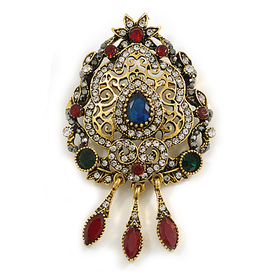 Vintage Inspired Crystal Filigree Corsage Brooch/Pendant in Aged Gold Tone in Green/Blue/Red/Clear- 75mm Long