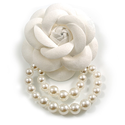 Large Snow White Layered Felt Fabric Rose Flower with White Faux Pearl Beaded Dangle Brooch/65mm Diameter/10.5cm Total Drop - main view
