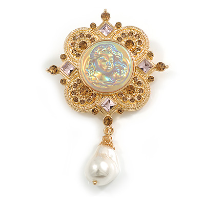 Statement Crystal Cameo Charm Brooch in Gold Tone - 90mm Long - main view