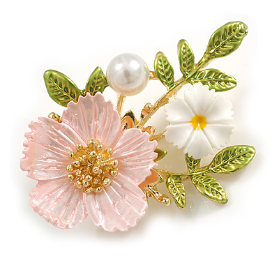 Romantic Floral Brooch in Gold Tone (Pink/White/Green) - 50mm Across - main view