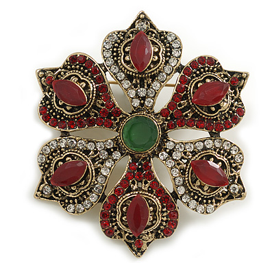 Vintage Inspired Turkish Style Crystal Flower Brooch/Pendant in Aged Gold Tone in Green/Red/Clear- 55mm Diameter - main view