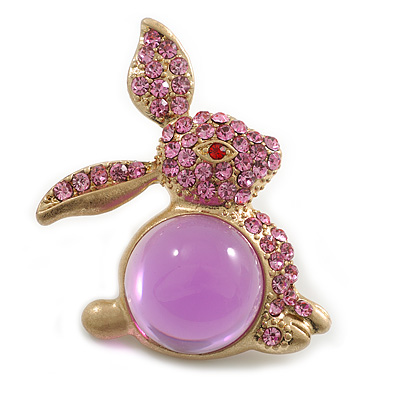 Large Pink/ Purple Crystal Bunny Brooch in Matte Gold Tone Metal - 75mm Tall