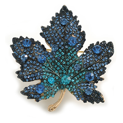Statement Crystal Maple Leaf Brooch/Pendant in Gold Tone/ Blue Shades - 50mm Tall