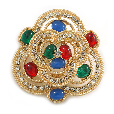 Victorian Style Multicoloured Stone Corsage Brooch in Gold Tone - 50mm Across - main view