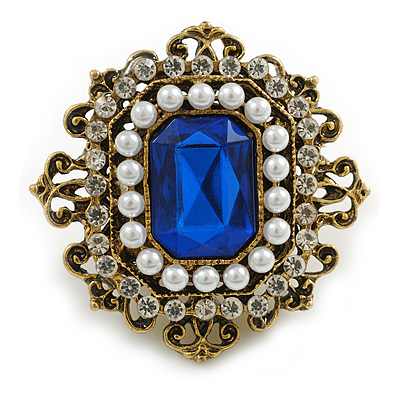 Victorian Style Layered Square Blue/Clear Crystal Pearl Brooch in Aged Gold Tone - 45mm - main view