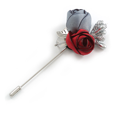 Red/Grey Silk Fabric Double Rose Flower Lapel, Hat, Suit, Tuxedo, Collar, Scarf, Coat Stick Brooch Pin in Silver Tone/80mm L