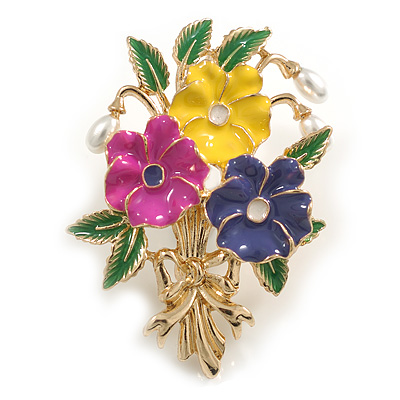 Multicoloured Enamel Pearl Bead Floral Brooch in Gold Tone - 50mm Tall - main view