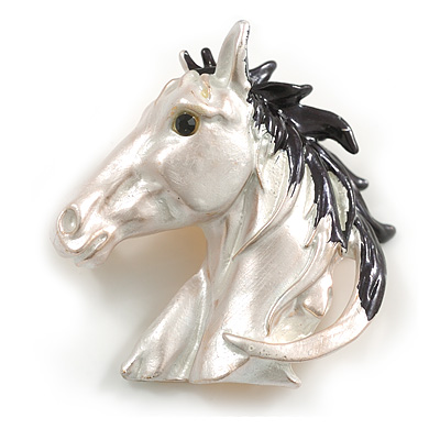White/Black Enamel Horse Head Brooch/ Pendant in Gold Tone Metal - 40mm Tall - main view
