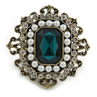 Victorian Style Layered Square Green/Clear Crystal Pearl Brooch in Aged Gold Tone - 45mm - main view