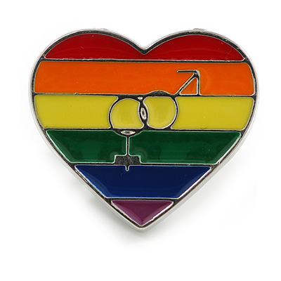 25mm Tall/ LGBTQ Gay Pride Multicoloured Enamel Heart Pin Brooch in Silver Tone