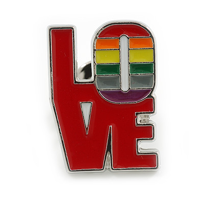LGBTQ Gay Pride Multicoloured Enamel 'LOVE' Pin Brooch in Silver Tone - 25mm Tall