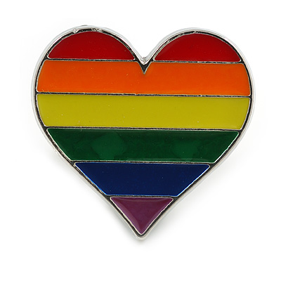 LGBTQ Gay Pride Multicoloured Enamel Heart Pin Brooch in Silver Tone - 25mm Tall