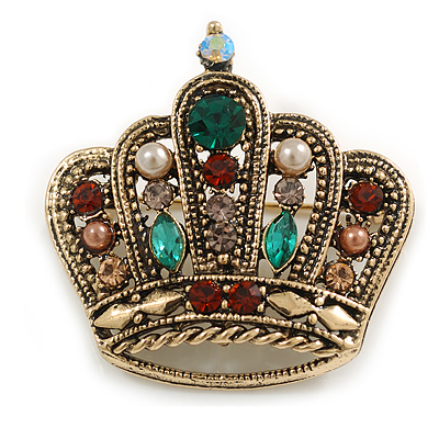 Vintage Inspired Multicoloured Crystal Pearl Crown Brooch in Aged Gold Tone - 40mm Tall - main view